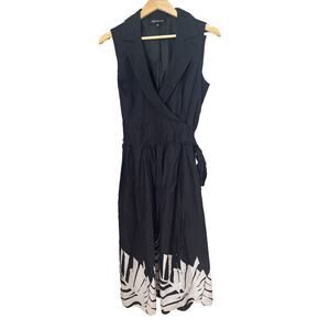 Jones New York Midi Shirt Dress 14 Black White Floral Sleeveless Tie Waist